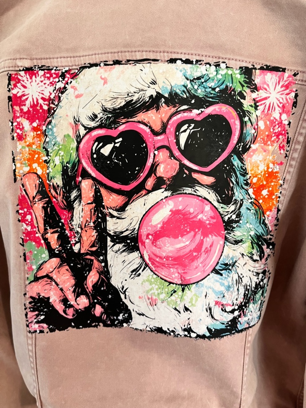 Upcycled Maurices Pink Graphic Jean Jacket with Colorful Santa Patch